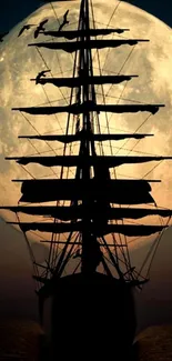 A sailing ship silhouetted by a bright full moon with birds flying overhead.