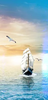 Sailing ship navigates serene ocean sunset with seagulls soaring above.