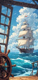 Majestic sailing ship on a blue ocean, viewed through a wooden helm.