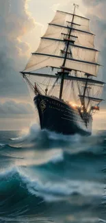 Majestic sailing ship navigating rough ocean waves under dramatic cloudy skies.