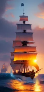 Tall sailing ship on sunset sea with vibrant orange hues.