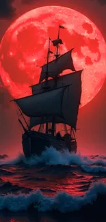 A majestic ship sails under a large red moon.