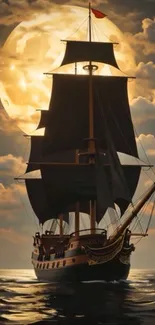 A sailing ship under a luminous full moon on a calm ocean night.