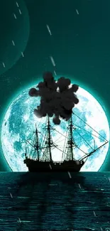 Ship silhouette against full moon on calm teal ocean.