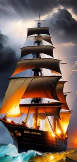 Sailing ship in stormy weather with dramatic lighting and vibrant colors.