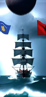 Sailing ship with Kosovo and Albania flags on ocean waves.