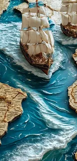 Vintage sailing ships on a 3D ocean map.
