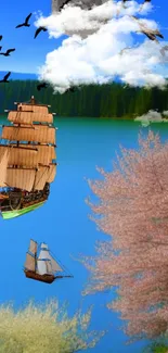 Majestic ships on a vibrant blue lake with clouds and trees.