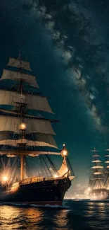 Majestic sailing ships under the starry night sky on a serene ocean.