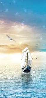 Peaceful sailing ship under vibrant sky with seagulls soaring above.