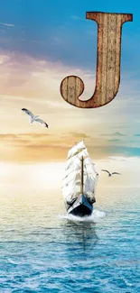 Sailing ship at sunrise with letter J and seagulls on mobile wallpaper.