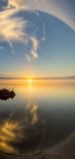 Sailing boat at sunrise with calm water reflection in a golden sky.