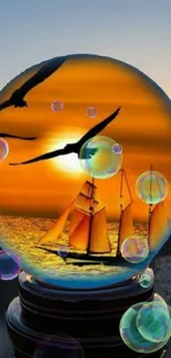 Globe with sunset, ships, and bubbles