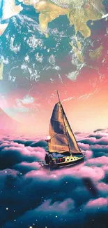 Sailboat floating through vibrant clouds with Earth above.