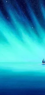 Sailboat gliding under green aurora in tranquil ocean wallpaper.