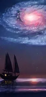 Sailboat under a cosmic swirling galaxy in starry night waters.