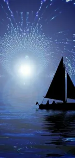 Sailboat on ocean under blue fireworks with starry sky.