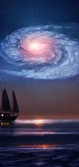 Sailboat under a captivating spiral galaxy night sky.