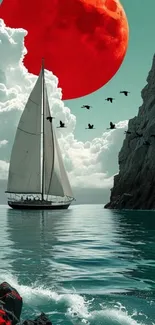 Sailboat under a striking red moon and turquoise water.