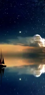 Sailboat on a starry night reflecting on tranquil ocean.