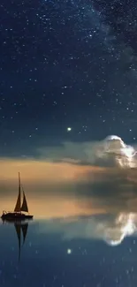 Sailboat beneath a starry night sky with water reflections.