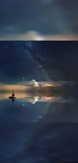 Sailboat on calm water under a starry night sky, reflecting on tranquil horizon.