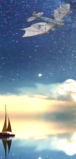 Sailboat under a starry sky with a flying machine.