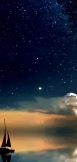 Sailboat under starry sky with calm water reflection.