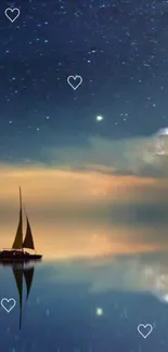 Sailboat under a starry sky with reflections on water.