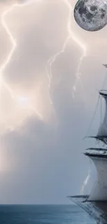 Sailing ship under stormy skies with a full moon.