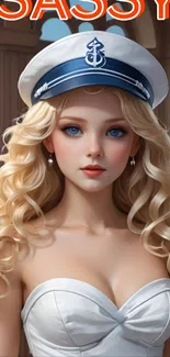 Anime sailor girl in a white outfit and navy hat with blonde hair, blue eyes.