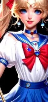 Anime art featuring sailor-style character with red and blue colors.