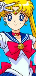 Sailor Moon in classic pose on blue background.