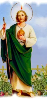 Saint Jude depicted in vibrant religious artwork with green robe.