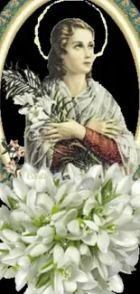 Saintly portrait with white flowers, framed by elegance.