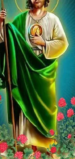 Saint in green robe with flowers and halo on vibrant wallpaper.