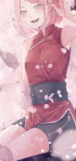 Anime character Sakura with cherry blossoms in pink hues.