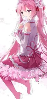 Anime girl in pink sakura setting, perfect for mobile wallpaper.