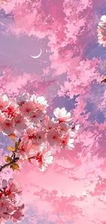 Cherry blossoms against a dreamy pink and purple sky in artistic wallpaper.