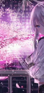 Anime girl under sakura trees at night.