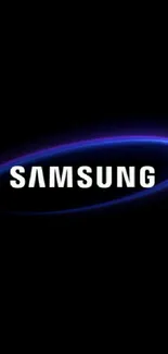 Striking Samsung logo with blue glow on black background.