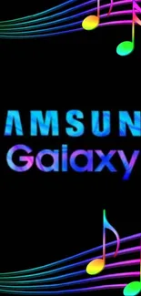 Samsung Galaxy wallpaper with colorful music notes on black background.