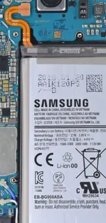 Samsung phone internal circuit board and battery close-up.