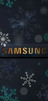 Samsung wallpaper with snowflake patterns on a dark background.