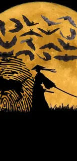 Samurai silhouette with moon and bats background.