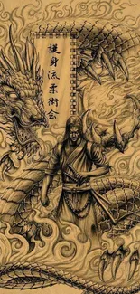 Detailed dragon and warrior artwork.