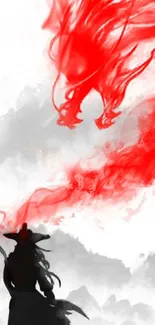 Samurai silhouette facing a red dragon in artistic wallpaper.