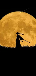 Samurai silhouette against a full golden moon on a black background.