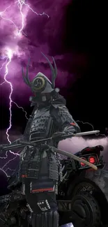 Futuristic samurai stands against a dramatic lightning sky.