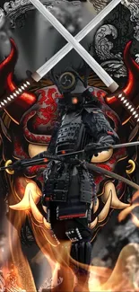 Samurai in black armor with swords before a fiery oni mask on wallpaper.